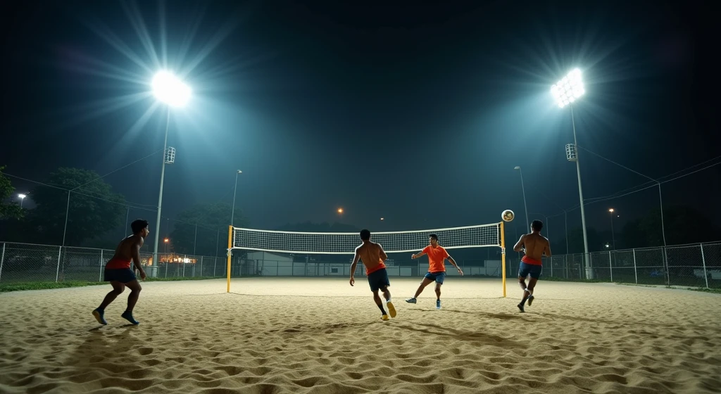 A cinematic night-time shot of a footvolley game with four players, each mid-motion as they dive or jump, illuminated by strong floodlights. The sand court glows under the artificial light, with the night sky and distant city lights adding depth to the scene.