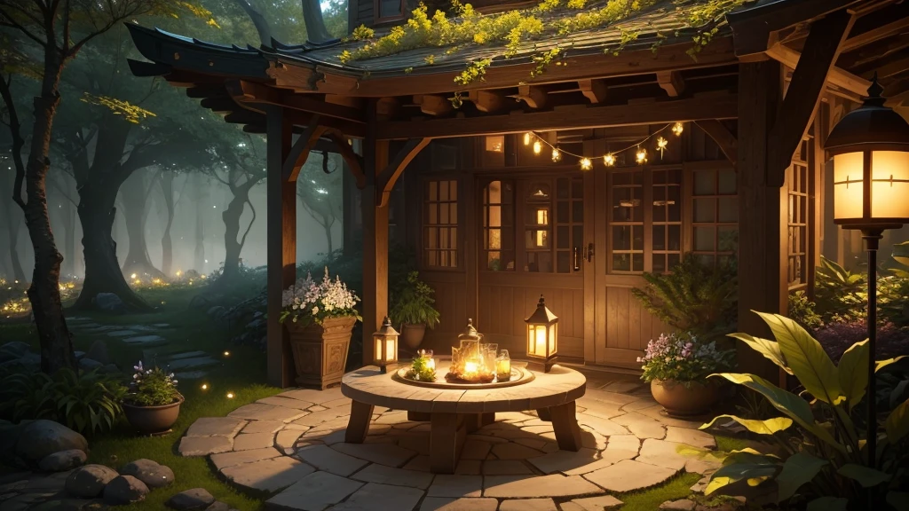 Enchanting Evening Retreat. Envision a cozy courtyard by a beautiful, fairy-tale house, The house glows with a cozy light, nestled in a garden teeming with diverse flowers and bushes. The garden is alive with colors and textures, from delicate blossoms to thick, leafy foliage. The setting sun bathes the scene in a warm, ethereal glow, with a tea table perfectly placed to enjoy the peaceful ambiance. A cozy tea setup with delicate porcelain cups and a teapot is placed on a stone table surrounded by flowering plants. masterpiece, Best Quality, (highly detailed CG Unity 8k wallpaper), (Best Quality), (Best Illustration), (BEST SHADOWS), Natural elements in the forest theme. mysterious forest, Beautiful forest, nature, surrounded by flowers, delicate leaves and branches surrounded by Fireflies (Natural elements), (Jungle theme), (leaves), (branches), (Fireflies), (particle effects), etc. 3D , Octane Rendering, Ray Tracing, super detailed