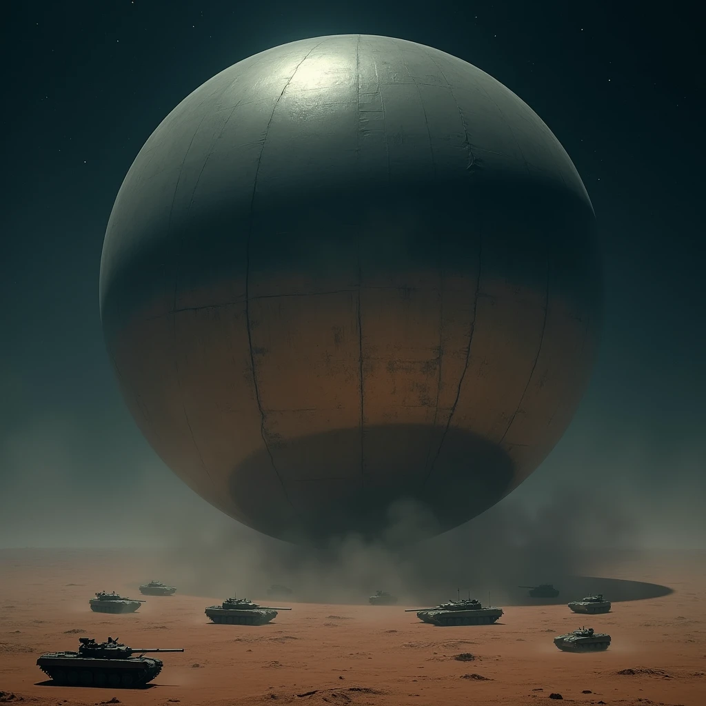 A massive smooth surfaced mirrored sphere, encircled by military vehicles, hovers above the desert floor at night, photo realistic