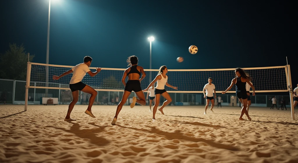 A dynamic footvolley match taking place at night, with the players' movements frozen in time as they leap and stretch for the ball. The sand court is bathed in soft, ambient lighting from overhead floodlights, casting long shadows that enhance the action.