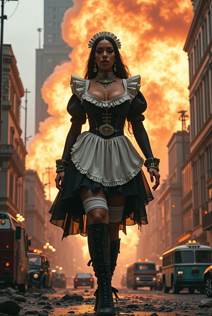 Cardi B looking at the camera、steampunk、Standing on top of a ruined building、Big building explosion、The building collapses、Urban hustle and bustle、Traffic jam、City of Rubble、street tree、Car and bus、truck、taxi、City boulevard、Pedestrian bridg、Frilled maid outfit、((Super huge breasts))、((Plump thighs))、Ground View,City of Giants,500 foot tall giant girl,skyscraper,Has super long legs,Step into the crowd,There are many people on the street,Knee-high socks,A happy look,Standing on the ruins,Beautiful appearance,Exquisite makeup,8K,Perfect Proportions, Cinema Lighting,Film Grain,fuji film ,8K,Textured skin,Super Detail,High detail,high quality,High resolution,explode,False Smile、Reaching out