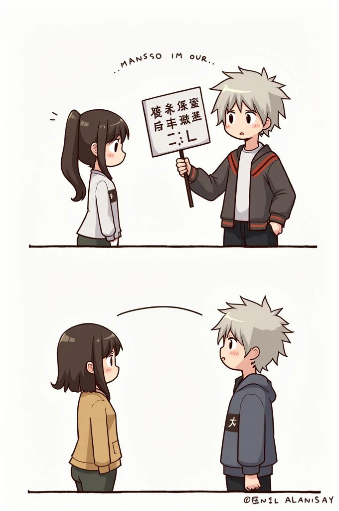 MAKE AN IMAGE (comic)
Panel 1: Two people are standing across from each other, one person is holding a sign with Chinese characters, and the other person looks confused.
Person 1: Hello (Nǐ hǎo)
Person 2: Sorry, I don't understand.
Panel 2: Person 1 points to the sign they are holding.
Person 1: This is my name(Zhè shì wǒ de míngzì)
Person 2: Oh, I see. I don't read Chinese