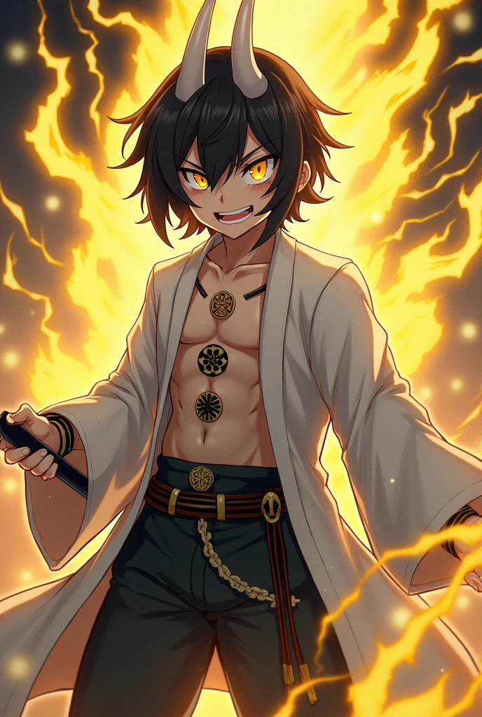 Do the Ootakemaru, mrpg game character Onmyoji description: powerful and intimidating, has medium-sized black hair, yellow  eyes, sharp smile, three magatama symbols on the chest, two white horns on the forehead, Caucasian skin, a white haori, black bracelets, surrounded by yellow electricity, and a magatama sword.
