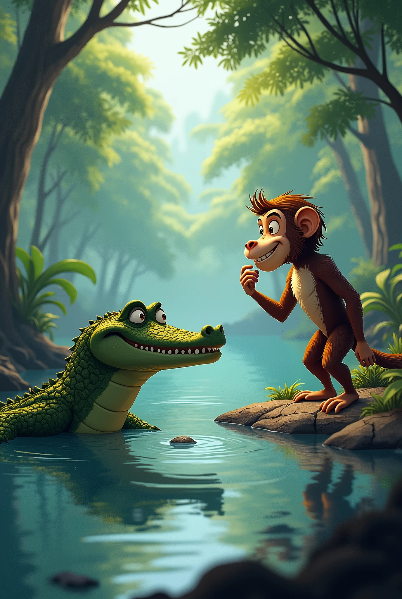 A cunning crocodile partially submerged in the river, inviting a hesitant monkey on the riverbank to join him for a swim. The monkey looks thoughtful, scratching his chin, while the crocodile maintains a persuasive, sly smile. The surrounding forest is peaceful with tall trees and clear water."