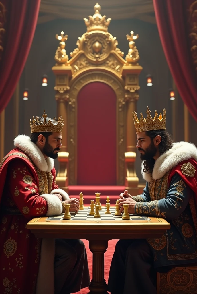 Two kings playing the game chess in tha middle backside of the king a throne with a crown placed in it with a gold crown in it. The image should be decent and professional. Landscape image