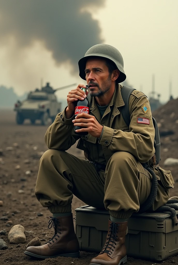  Scene of an American soldier on a battlefield in Europe, sitting on an ammunition crate and taking a sip of Coca-Cola, with an expression of nostalgia and relief. No fundo, smoke of war and moving military vehicles."