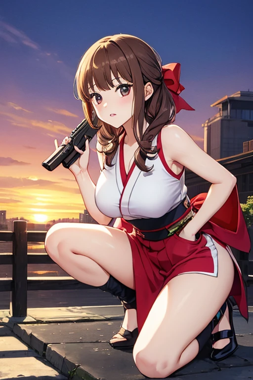 Highest quality、Ultra HD、One Woman、(Brown hair, straight and long 1.3)、(Red One Piece 1.3)、(White Heels 1.1)、(Knee-high socks 1.2)、((Shoot a gun 1.2))、(red ribbon 1.2)、(Beautiful face like a Japanese actress 1.2)、Adult women、Slender body、((Large Breasts))、(Sunset city background 1.2)、((Clear and beautiful touch))