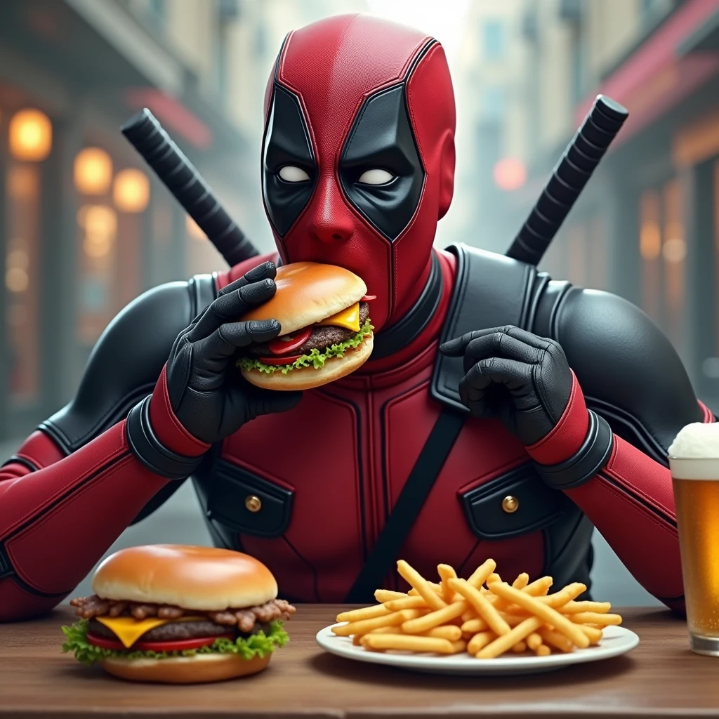 deadpool in his suit going crazy over a hamburger with french fries with some beer