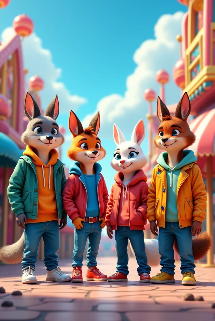4 fashionably dressed age animals 3 males and 1 female animated facing front with amusement park background behind with the phrase action kids on top