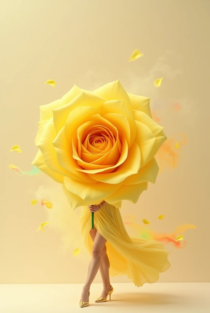 Light red tone, simple light beige background, minimalist, elegant, pure gentle, soft light, photorealistic. Giant Yellow Big Rose, with huge and long petals. (petal made of thin and soft tulle, flowing petals full background, floating petals, hyperflying petals, at the feet A mixture of rainbow smoke effects from colored fog on the ground and petals). Extravagant, beautiful woman full length, nice legs,shoes,in a fast dance pose, (Ultra detailed face, hyperrealistic) posing with a yellow rose, woman holding green stem in front of her, center of yellow bright rose in photo, woman looking at viewer, permission 8k, masterpiece, top quality, the skirt flutters in the wind,