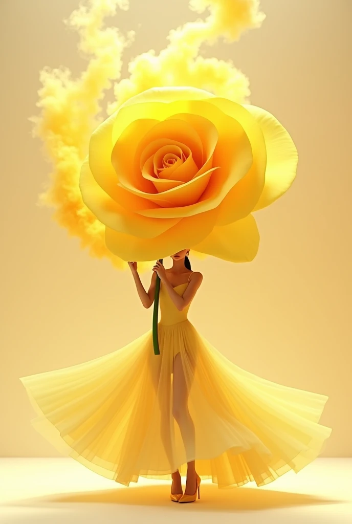 Light red tone, simple light beige background, minimalist, elegant, pure gentle, soft light, photorealistic. Giant Yellow Big Rose, with huge and long petals. (petal made of thin and soft tulle, flowing petals full background, floating petals, hyperflying petals, at the feet A mixture of rainbow smoke effects from colored fog on the ground and petals). Extravagant, beautiful woman full length, nice legs,shoes,in a fast dance pose, (Ultra detailed face, hyperrealistic) posing with a yellow rose, woman holding green stem in front of her, center of yellow bright rose in photo, woman looking at viewer, permission 8k, masterpiece, top quality, the skirt flutters in the wind,