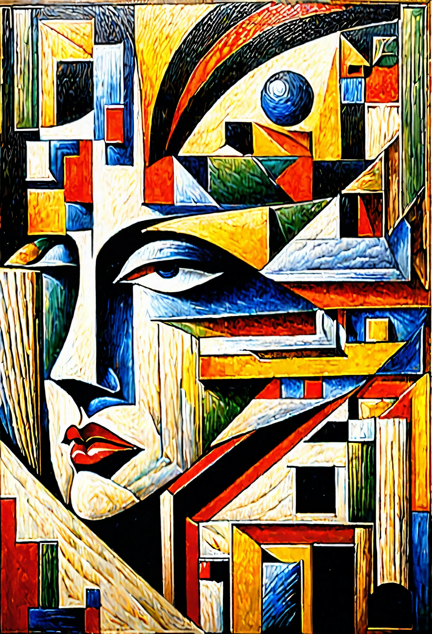 Crear una pintura que combine los estilos del surrealismo, Modernismo, cubismo, y art deco, con influencias del constructivismo y el minimalismo. The painting must be a representation of the artist's interpretation of the world., using a combination of abstract and figurative elements. The painting should be a reflection of the artist's unique perspective, and should convey a sense of mystery, maravilla, e intriga