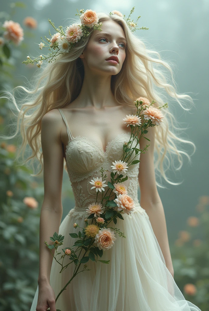 A picture of beautiful girl which body is lightly covered in flowers,her hair if flowing in air, make it look real,make her mythical, don't expose her breast too much,make her look like a fairy,make her wear fashionable floating clothes 
