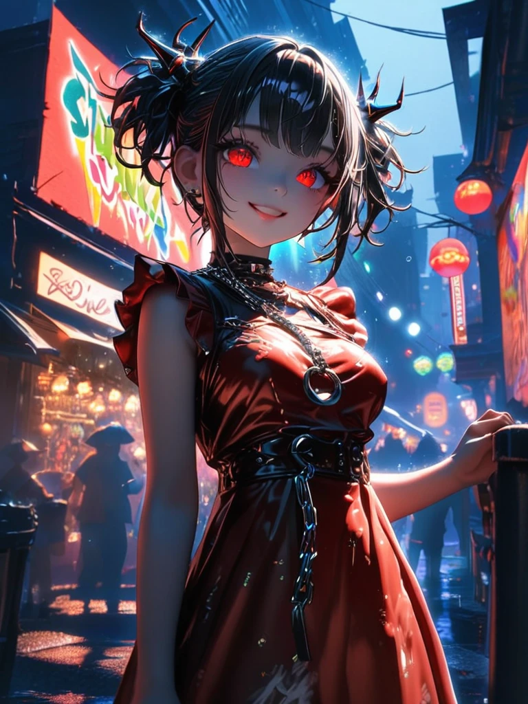 1 girl, chromatic aberration, Written boundary depth, Soft Light, masterpiece, Highest quality, complicated, Tone Mapping, A place where fireworks are set off at festivals. Concept Art, Smooth, Clear focus, Dramatic lighting, Very cinematic, super practical painting, アートステーション's trending, 8k, Incredible Shadows, practical, whole body, View, Viewers, Portrait of a Girl 1, standing on street corner, Heavy rain and lightning、Dark Sky, neon and cyber punk background, she is dressed in punk clothing with silver chains and silver spikes, Her hair was dyed a bright black color..........Ominous aura of light, smile, punk, ciber punk, Backlight.Fashionable clothes、Friendly dress code:Wearing a cute red dress.My breasts are a little big.Beautiful red eyes