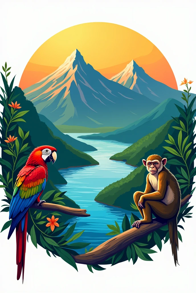 Create a logo in Spanish for a company with the following characteristics: Image with the two peaks of the Sierra Nevada of Santa Marta, laguna, river to the sea, Macaw and monkey JAC VEREDA PERICO AGUAO