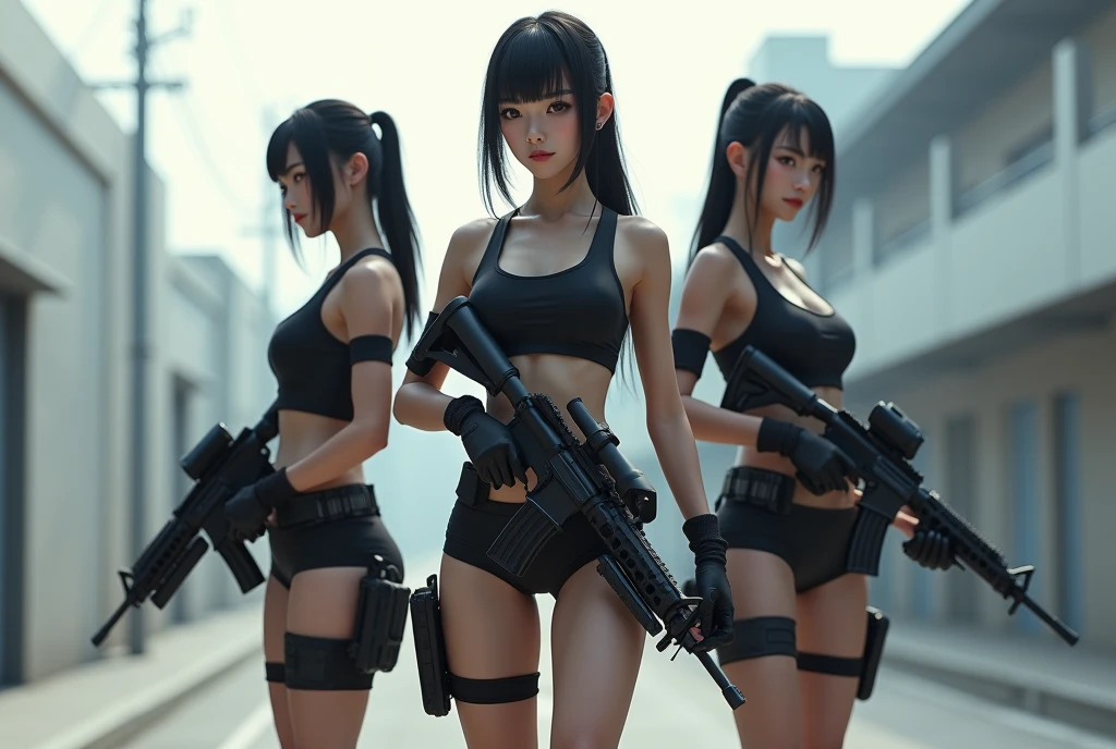 Japanese. Three lightly armed beautiful girl soldiers wearing compression shorts.