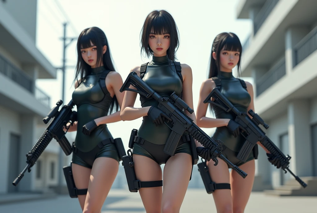 Japanese. Three lightly armed beautiful girl soldiers wearing compression shorts.
