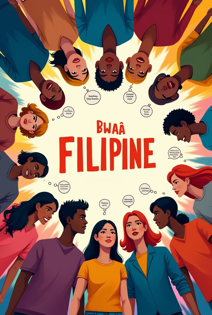 A vibrant, colorful circle with people of different cultures and ethnicities holding hands. Each person is speaking in a thought bubble, but all the words are in the same language (e.g., Filipino). In the center of the circle, the slogan "Sa iisang wika, tayo'y nagkakaisa" is written in bold, eye-catching font.