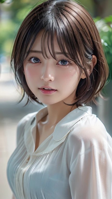 (8k, Photorealistic, RAW Photos, Best image quality: 1.4), Japanese girl、Short Bob、Super detailed face、Eye on the details、double eyelid、Sharp focus:1.2、Beautiful woman:1.4、Light brown hair、Highest quality、masterpiece、Ultra-high resolution、(Photorealistic:1.4)、Highly detailed and professionally lit smiles、(negligee:1.1)、blush、Open your mouth a little、Watery eye、amount