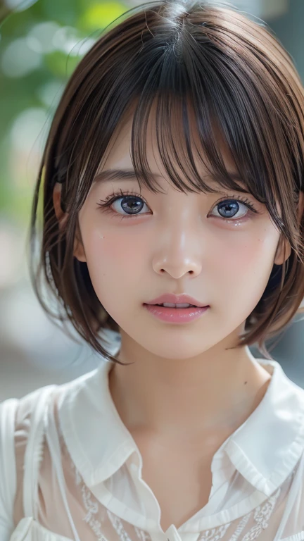 (8k, Photorealistic, RAW Photos, Best image quality: 1.4), Japanese schoolgirl、Short Bob、Super detailed face、Eye on the details、double eyelid、Sharp focus:1.2、Beautiful woman:1.4、Light brown hair、Highest quality、masterpiece、Ultra-high resolution、(Photorealistic:1.4)、Highly detailed and professionally lit smiles、(negligee:1.1)、blush、Open your mouth a little、Watery eye、amount