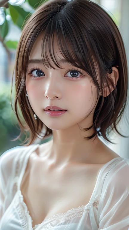 (8k, Photorealistic, RAW Photos, Best image quality: 1.4), Japanese girl、Short Bob、Super detailed face、Eye on the details、double eyelid、Sharp focus:1.2、Beautiful woman:1.4、Light brown hair、Highest quality、masterpiece、Ultra-high resolution、(Photorealistic:1.4)、Highly detailed and professionally lit smiles、(negligee:1.1)、blush、Open your mouth a little、Watery eye、amount