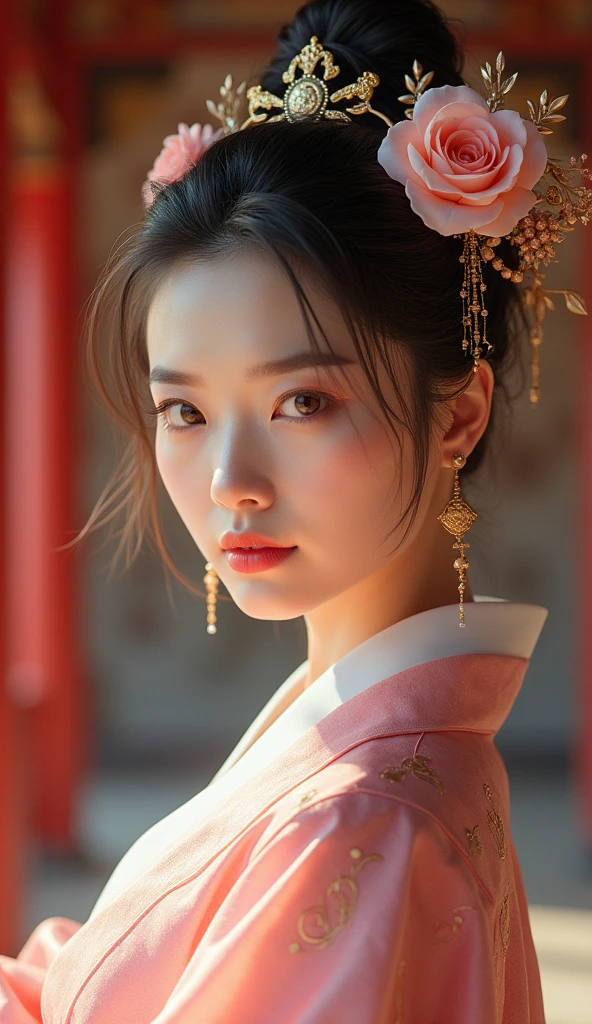 a close up of a woman in a pink dress with a flower in her hair, chinese style, gorgeous chinese model, chinese girl, palace ， a girl in hanfu, traditional beauty, lovely woman, lovely delicate face, traditional chinese, ruan jia beautiful!, cai xukun, with acient chinese clothes, chinese woman, inspired by Lan Ying