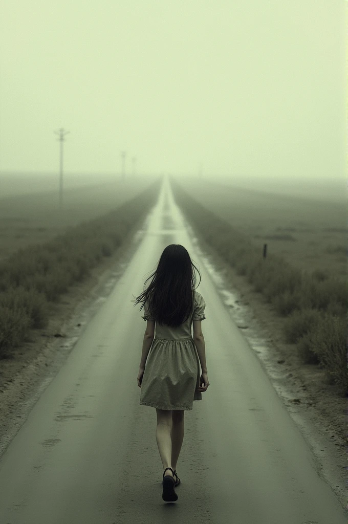 Drawing of a girl walking in an unending road