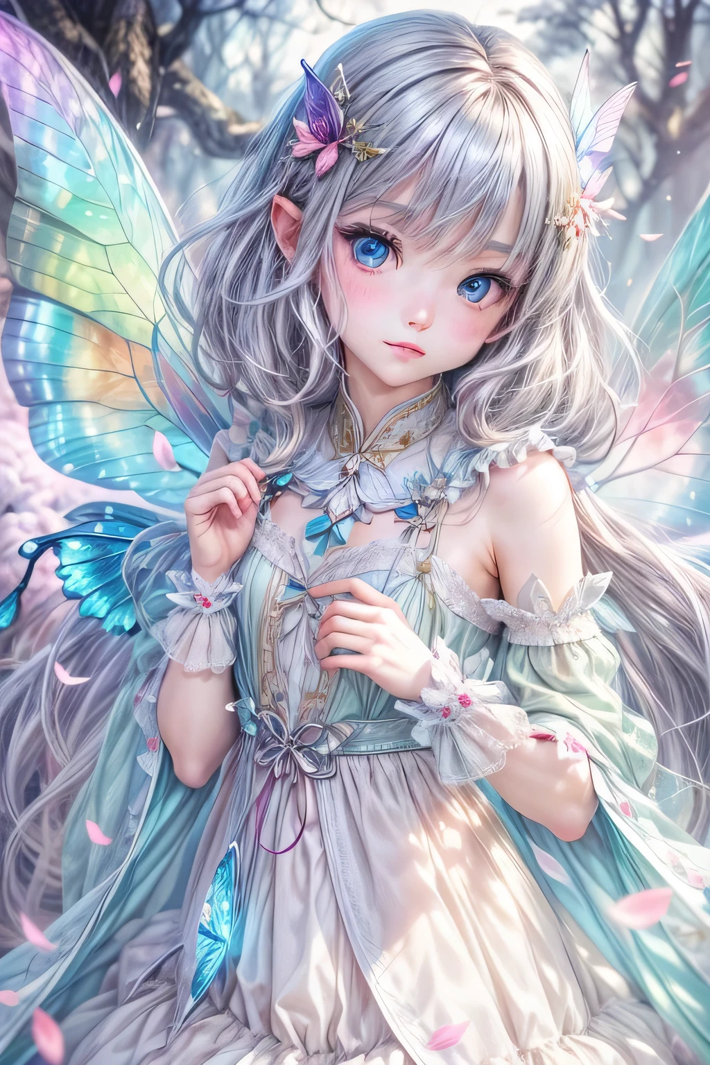 小さいFairy、Fairyの王、8k.Half Russian and half Japanese、Russian face、beautiful girl、princess、、Small face、Young face、Big eyes、Skinny、Small breasts、(((Silver Hair、Silver Hair)))、With bangs、(((High resolution big beautiful light blue eyes, )))、Shortcuts、Bobcut、background, Fantasy, wonderful, Fantasy, forest, Fairy、With rainbow butterfly wings、Request for Light、forestのFairy、Fairyドライアド、Aura of Light、whole body、central、god々Successfully、Iridescent Feathers
