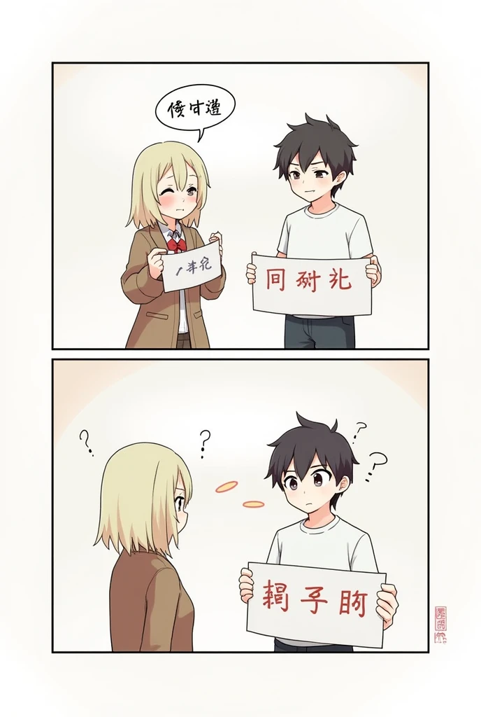 MAKE AN IMAGE (comic)
Panel 1: Two people are standing across from each other, one person is holding a sign with Chinese characters, and the other person looks confused.
Person 1: Hello (Nǐ hǎo)
Person 2: Sorry, I don't understand.
Panel 2: Person 1 points to the sign they are holding.
Person 1: This is my name(Zhè shì wǒ de míngzì)
Person 2: Oh, I see. I don't read Chinese