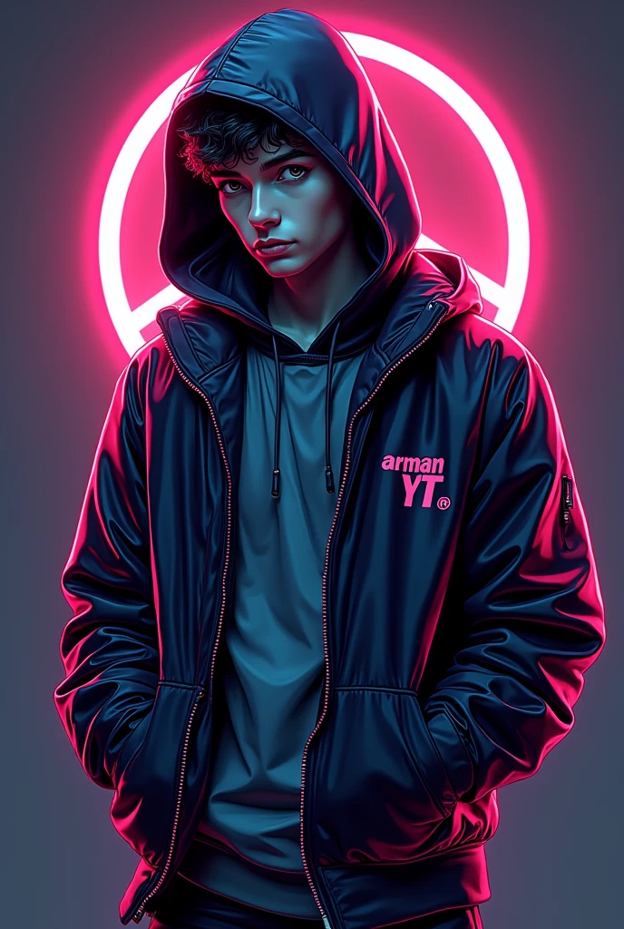 This is a gaming logo that features the name "ARMAN YT" in a futuristic front and neon black and white color and a boy with genzy hoddie. The logo is designed to be attractive and eye catching, and to appeal to gaming enthusiasts