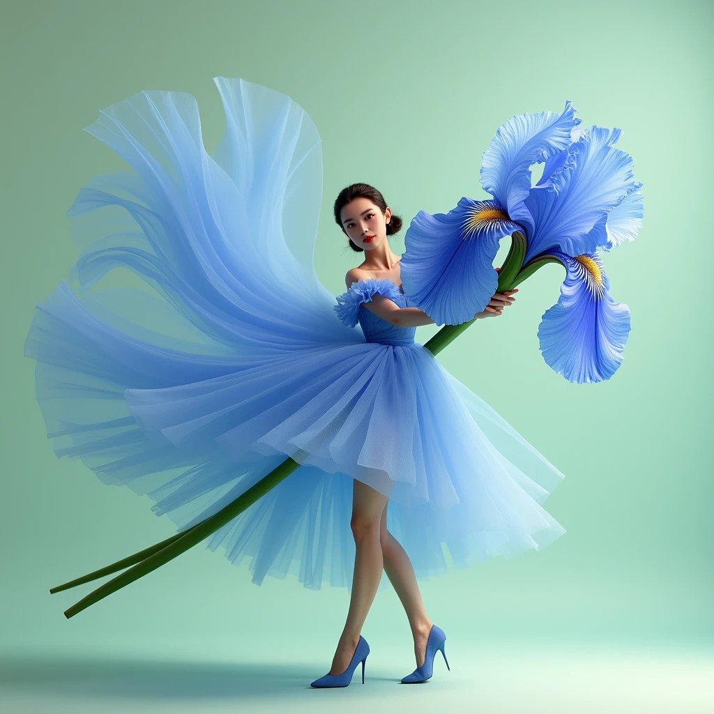 Light red tone, simple light green background, minimalist, elegant, pure gentle, soft light, photorealistic. Giant Blue Big Iris, with huge and long petals. (petal made of thin and soft tulle, flowing petals full background, floating petals, hyperflying petals, A mix of smoke effects from colored fog on the ground and petals). Extravagant, beautiful woman full length, nice legs,shoes,in a fast dance pose, (Ultra detailed face, hyperrealistic) posing with this lotus, woman holding green stem in front of her, center of the iris on the photo, woman looking at viewer, permission 8k, masterpiece, top quality,