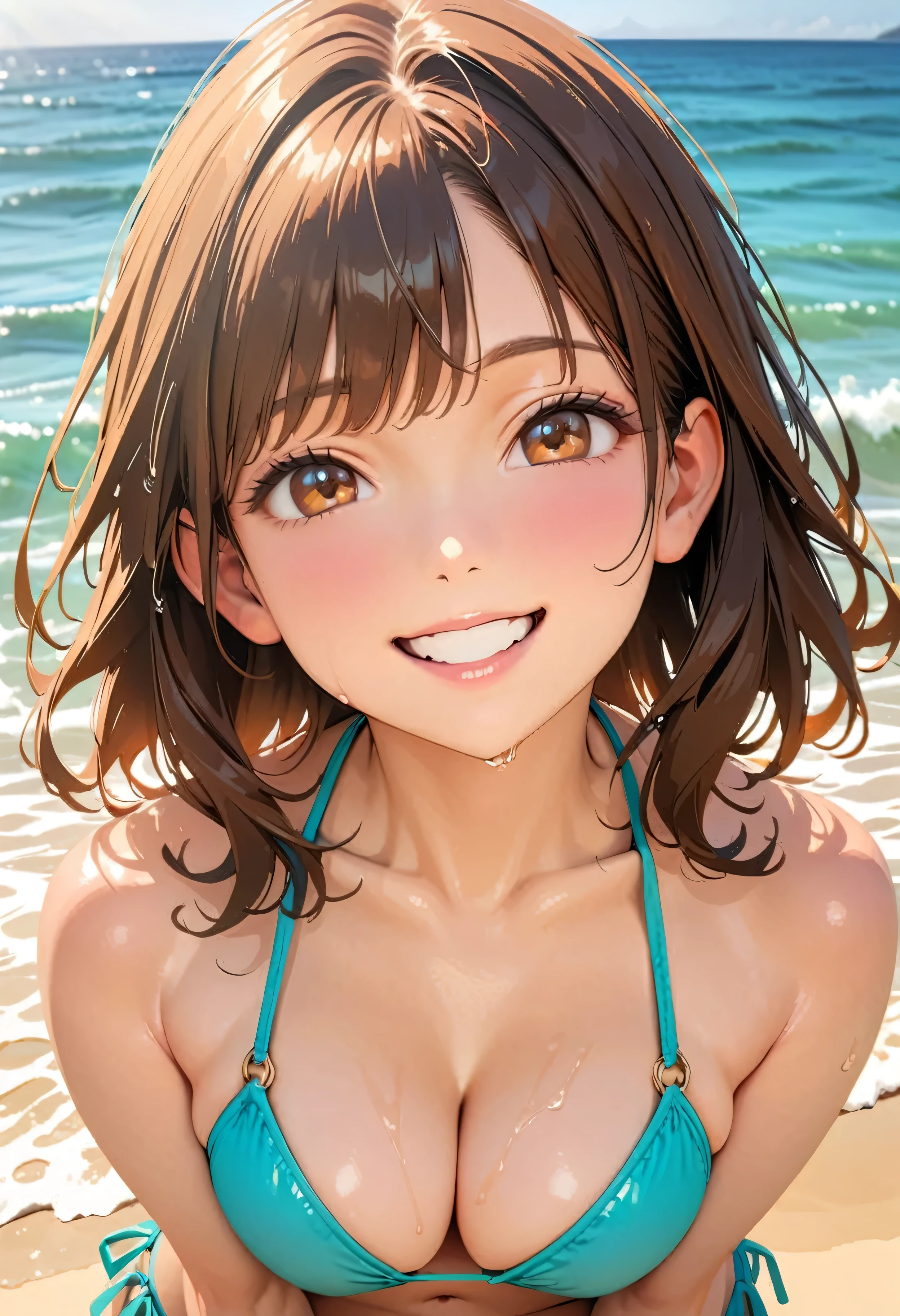 (Highest quality:1.2, Very detailed, up to date, Vibrant, masterpiece:1.2, Highest quality, Best aesthetics), smile, ((Face Up Shot:1.4)), 1980s style, 8K Ultra HD, Background Blur, smile, One Woman, Woman in bikini, Strong sunlight, Seaside, sunny, Summer sunshine, Wet Skin, Sandy Beach, Dynamic Angle, dynamic, Get excited