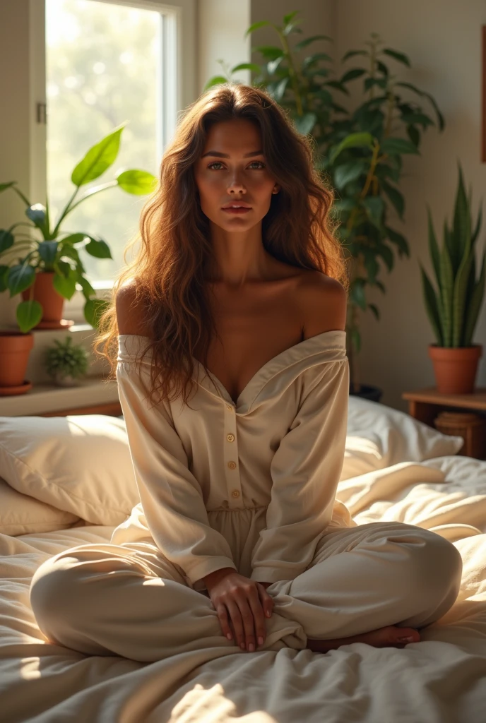 (photorealism:1.2), beautiful woman, sitting on bed, wearing loose off-shoulder top, pajama pants, long curly hair, indoors, soft lighting, plants in background, window with sunlight, cozy room, relaxed pose, realistic, intricate details, warm colors, by Greg Rutkowski, by Alphonse Mucha