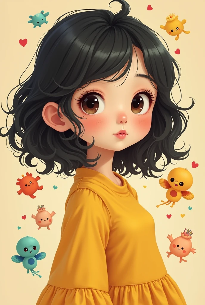 A Asian girl with dark wavy hair,with yellow dress, with mini lovely monsters floating back