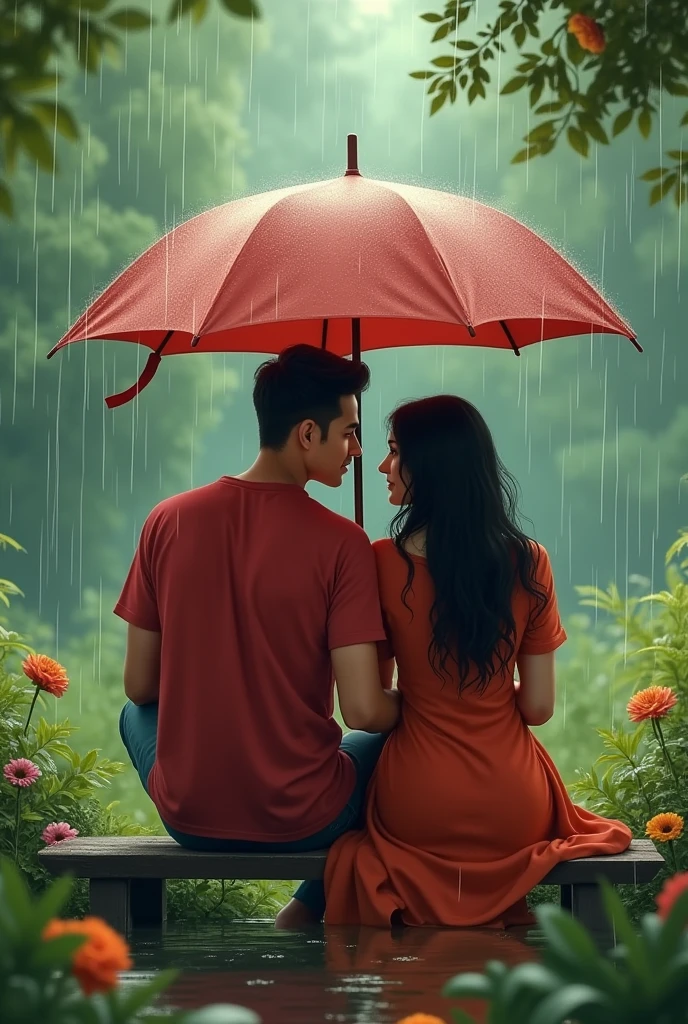 Slowly slowly rain with Ali and waniya couple   with garden and Ali plug in umbrella with couple sitdown in a banch and girl dress in a red frock and boy In a red t-shirt in prompts
