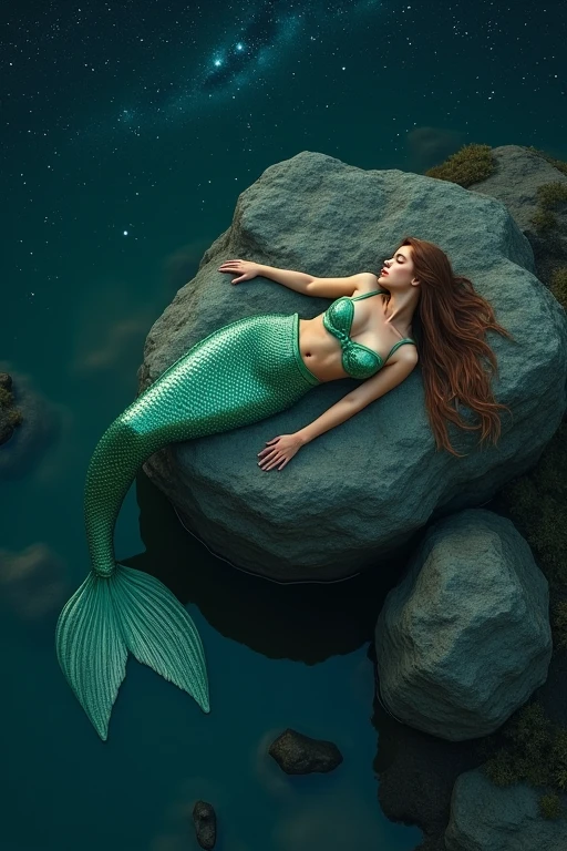 Sleeping mermaid on a rock,20-2,lying rock,mermaid leg colored green,brown hair,night ,shooting many stars,healing,relax,((best quality)), ((masterpiece)), (detailed), girl mermaid view from above:1.6),Sleeping, lying,closed eyes,lying20-2s girl,long eyelashes ,dark night sky, landscape, night view,high quality image, whole body,(huge stunning goddess shot, very hot and sexy, jaw-dropping beauty, perfect proportions, beautiful body, slim body beauty:1.4),full body,at dark night,2pm sky,night sky,protect brests ,take bra same color with leg