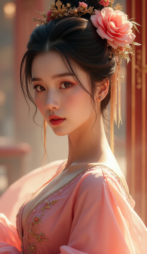 a close up of a woman in a pink dress with a flower in her hair, chinese style, gorgeous chinese model, chinese girl, palace ， a girl in hanfu, traditional beauty, lovely woman, lovely delicate face, traditional chinese, ruan jia beautiful!, cai xukun, with acient chinese clothes, chinese woman, inspired by Lan Ying