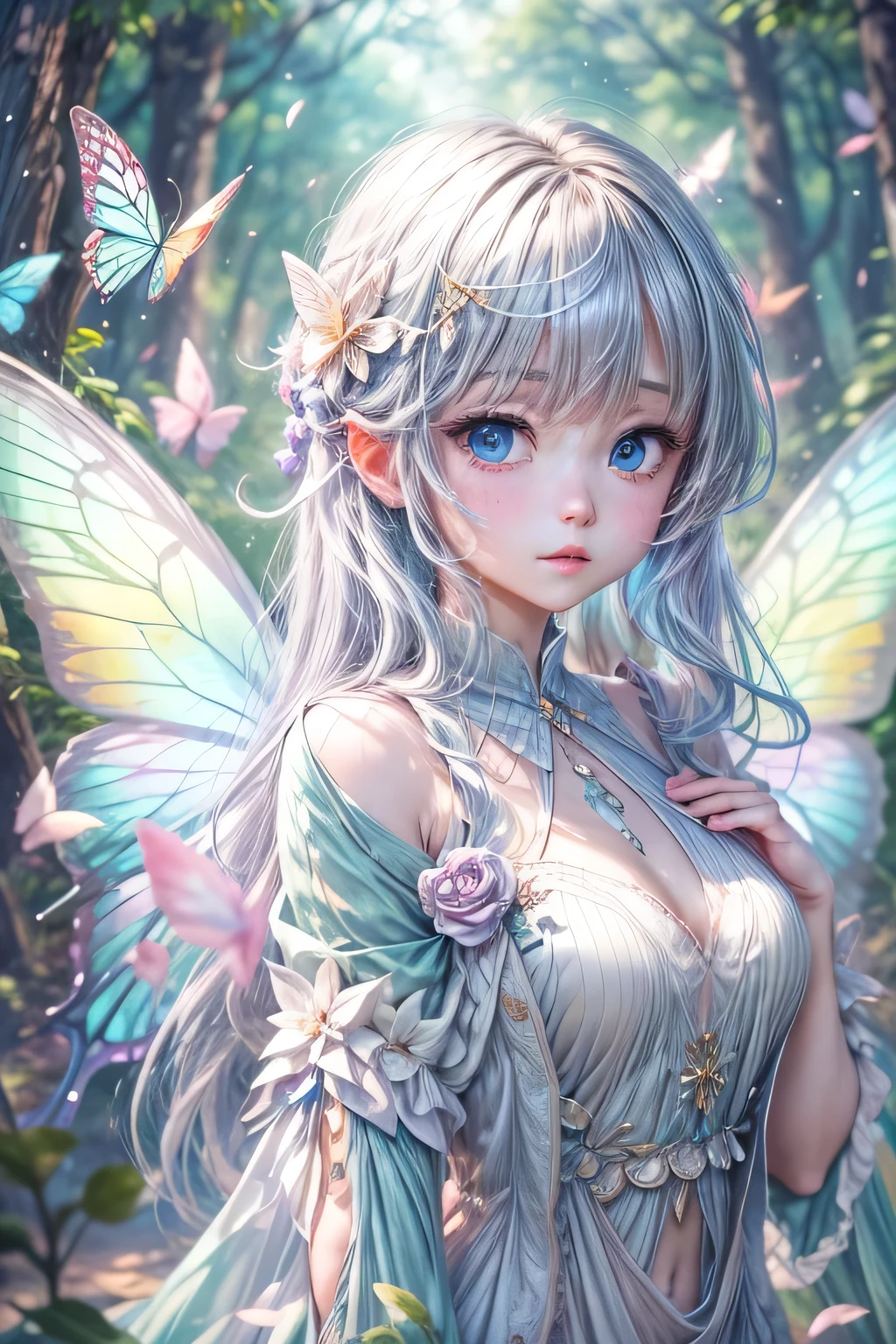 小さいFairy、Fairyの王、8k.Half Russian and half Japanese、Russian face、beautiful girl、princess、、Small face、Young face、Big eyes、Skinny、Small breasts、（（（Silver Hair、Silver Hair）））、With bangs、（（（High resolution big beautiful light blue eyes, ）））、Shortcuts、Bobcut、background, Fantasy, wonderful, Fantasy, forest, Fairy、With rainbow butterfly wings、Request for Light、forestのFairy、Fairyドライアド、Aura of Light、whole body、central、god々Successfully、Iridescent Feathers