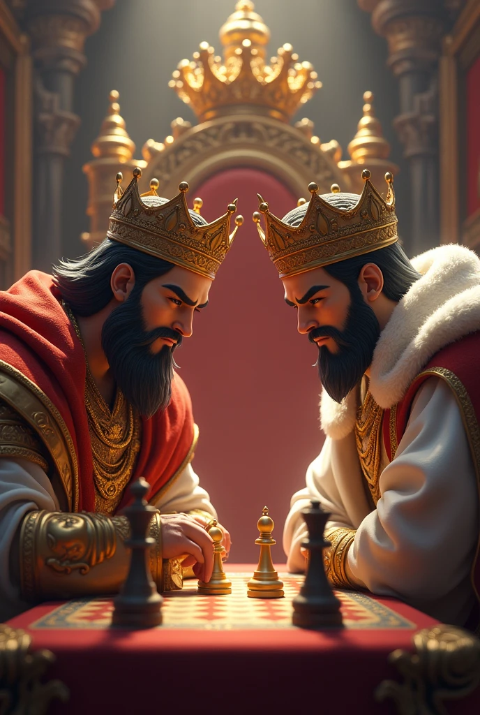 Two kings playing the game chess in tha middle backside of the king a throne with a crown placed in it with a gold crown in it. The image should be decent and professional. Landscape image. The image should be animated