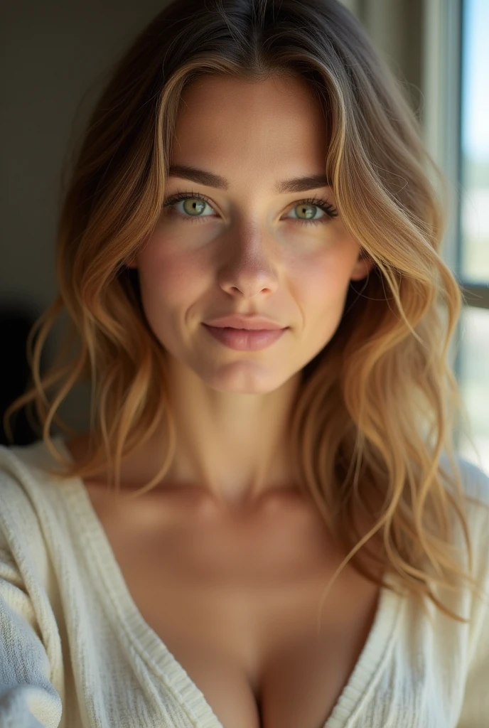Une fille de 25 ans avec des cheveux frisés, un visage doux inspirant confiance. Les yeux sont d'un vert assez clair, et les cheveux sont couleur caramel.
Sur cette photo elle se prend en selfie devant sa fenetre, son buste est dégagé on peut apercevoir la naissance de sa poitrine.