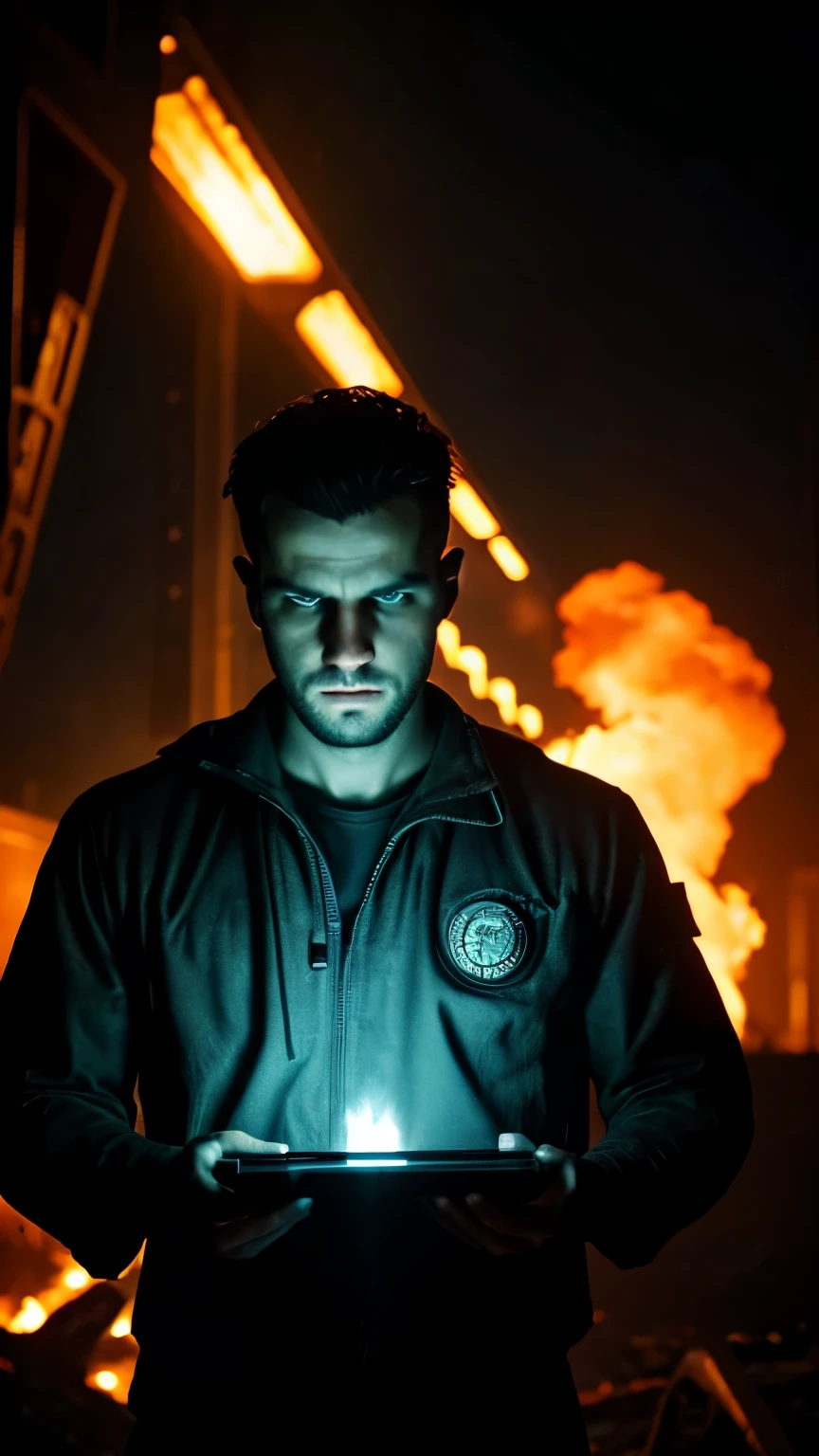 a man holding a laptop,laptop on fire,glowing radioactive spill,dramatic lighting,cinematic angle,dystopian,gritty,moody,dark color palette,muted tones,high contrast,dramatic shadows,photorealistic,8k,ultra-detailed,sharp focus,masterpiece