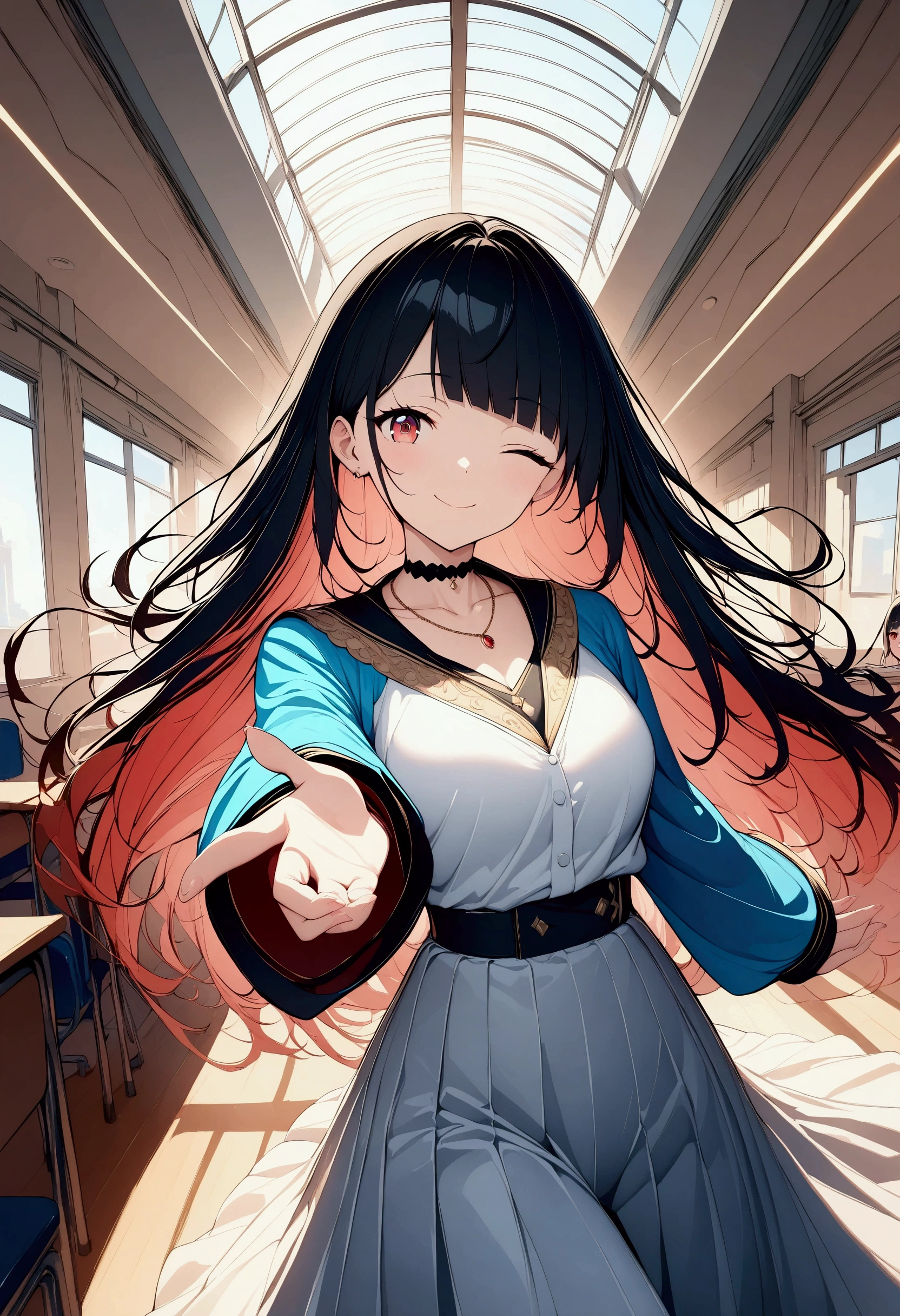 (((anime))) A woman with one eye closed,Gal,Long Hair,(Black Hair),Diagonal bangs,necklace,smile,Red eyes,Big eyes,uniform,Volume sleeve,classroom,sunlight,masterpiece,Highest quality,Exquisite,8k,Absurd,Ultra-fine illustrations,(View your viewers)