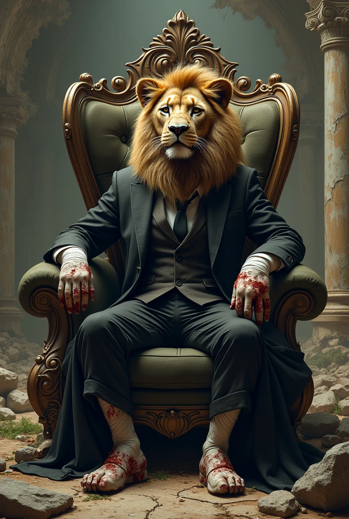 A extremely injured lion setting on a king size chair in ruined palace wearing white and black suit