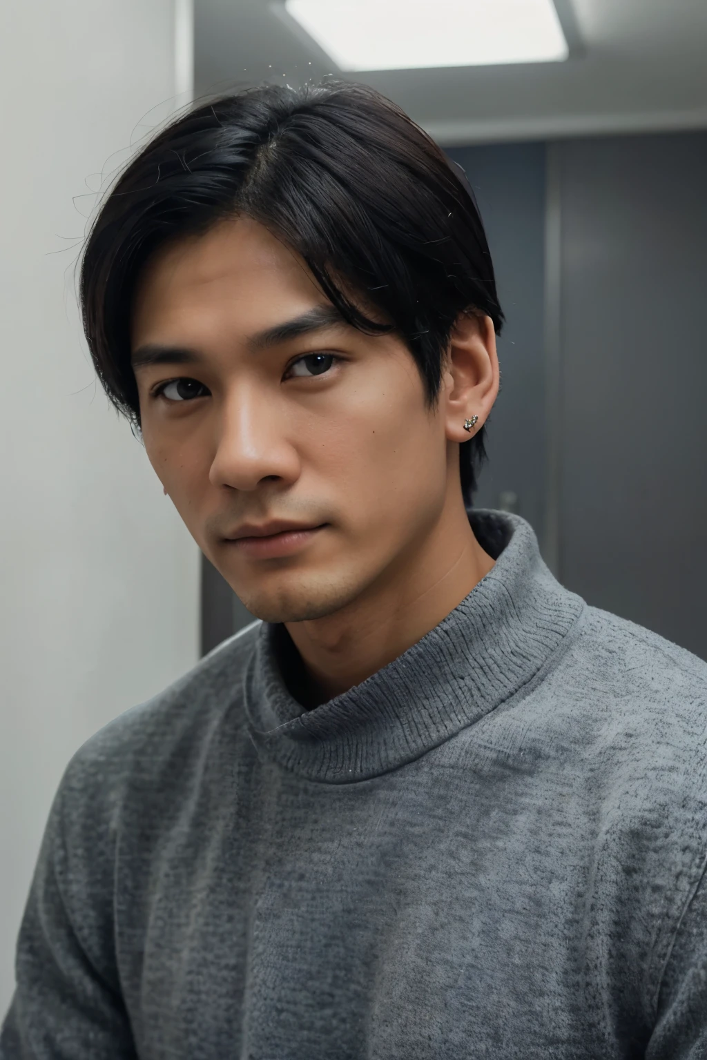 a high resolution, Realistic anatomy, Best quality, In detail, a small earring on one ear, Realistic photography. Asian guy, , black straight hair and dark brown eyes. The photo shows a blue sweater. In the photo he is not smiling and is looking at the camera.. The background of the apartment is seen, white ceiling and grey wallpaper in the hall
