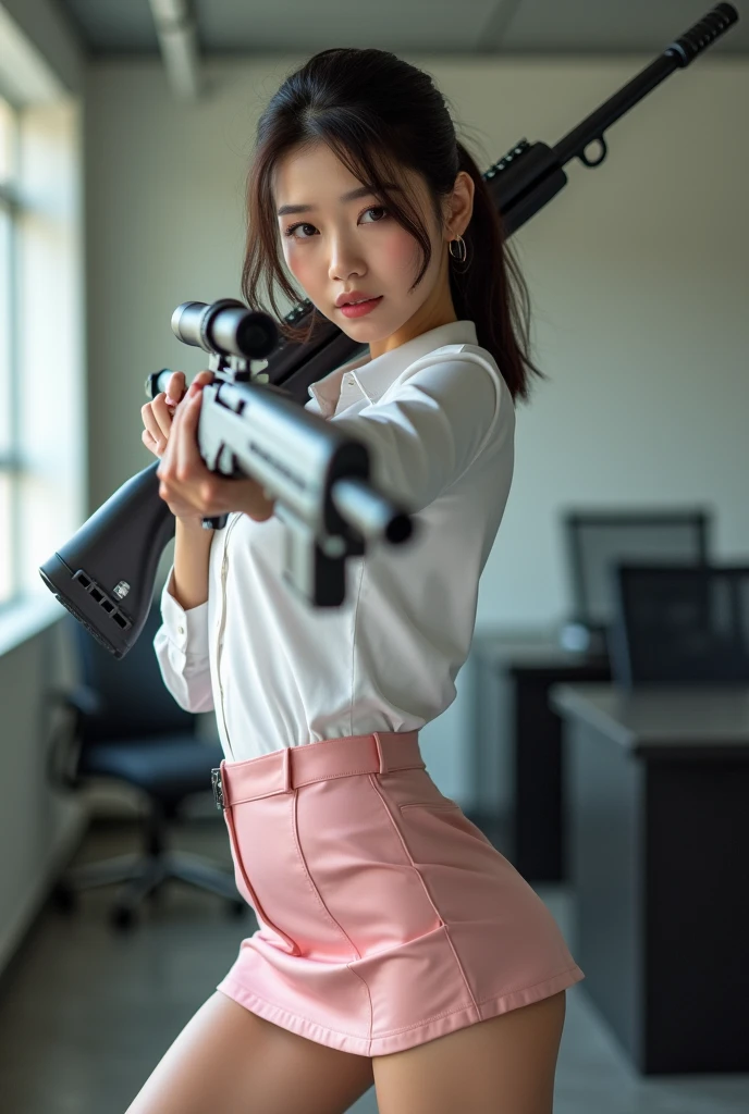beautiful sweet office lady chinese white shirt pink nylon mini skirt standing legs spread hip shoulder firing rifle gun toting force grip aiming side target full portrait
