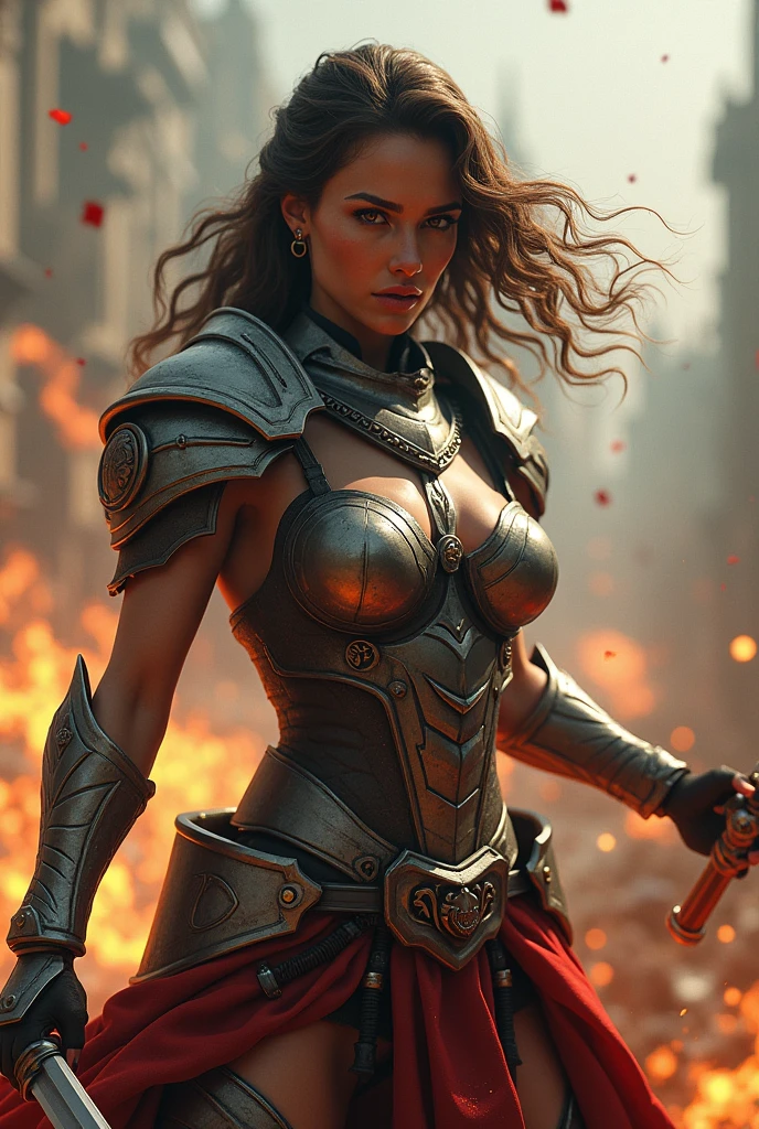 a warrior woman in combat, screaming, blood splattering, highly detailed, 8k, photorealistic, hyperrealistic, gorgeous, flawless skin, intense expression, intricate armor, weapons, battlefield, smoke, dynamic action, cinematic lighting, vibrant colors, dramatic contrast, gritty textures, hyper-detailed, unreal engine, masterpiece