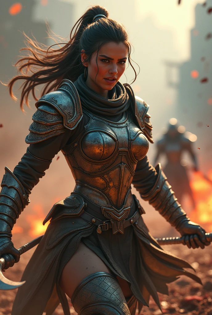 a warrior woman in combat, screaming, blood splattering, highly detailed, 8k, photorealistic, hyperrealistic, gorgeous, flawless skin, intense expression, intricate armor, weapons, battlefield, smoke, dynamic action, cinematic lighting, vibrant colors, dramatic contrast, gritty textures, hyper-detailed, unreal engine, masterpiece
