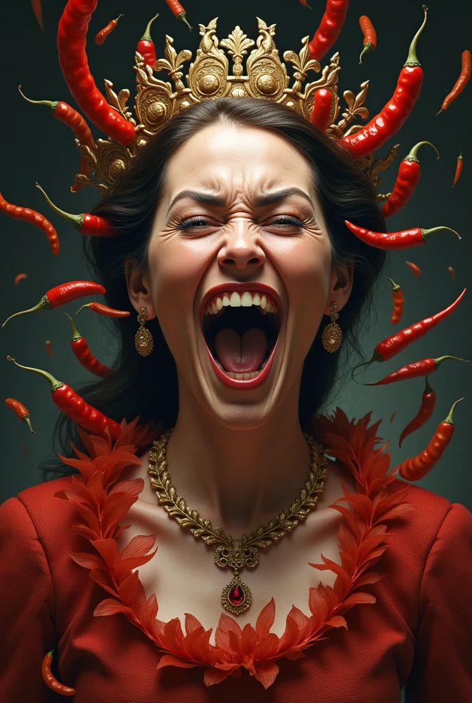 A duchess with a lot of pepper around her and with half her face angry and happy without fire