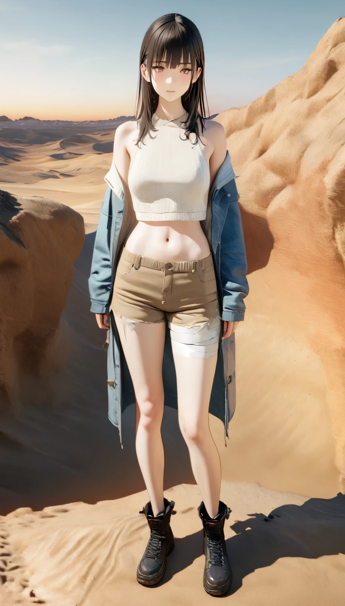 DIY16,best quality, 超HD, masterpieces, 8K, Practical, Anime style, 3D Rendering,masterpiece,need,lifelike,Bare lower abdomen,Sexy,bandage,Layering,Hollow,Full body image,Feral,Khaki washed distressed shorts,Black hair,Open shoulders,Layering,Long legs,,Wasteland Punk Style,desert,The details of wind and dust are complex,,HD,Photography Lighting,16K(Pond in the evening:1.2), (8K, best quality, masterpiece:1.2), (Ultra-high resolution:1.0), Extremely bright design, Soft colors, (ink:1.3), Autumn Lights, High Detail, dramatic, photoPractical painting art