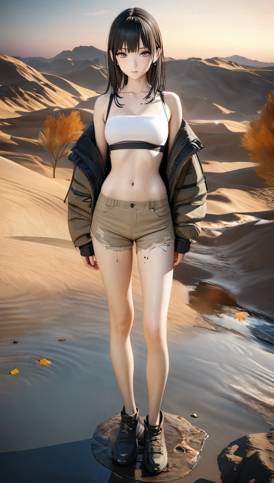 DIY16,best quality, 超HD, masterpieces, 8K, Practical, Anime style, 3D Rendering,masterpiece,need,lifelike,Bare lower abdomen,Sexy,bandage,Layering,Hollow,Full body image,Feral,Khaki washed distressed shorts,Black hair,Open shoulders,Layering,Long legs,,Wasteland Punk Style,desert,The details of wind and dust are complex,,HD,Photography Lighting,16K(Pond in the evening:1.2), (8K, best quality, masterpiece:1.2), (Ultra-high resolution:1.0), Extremely bright design, Soft colors, (ink:1.3), Autumn Lights, High Detail, dramatic, photoPractical painting art